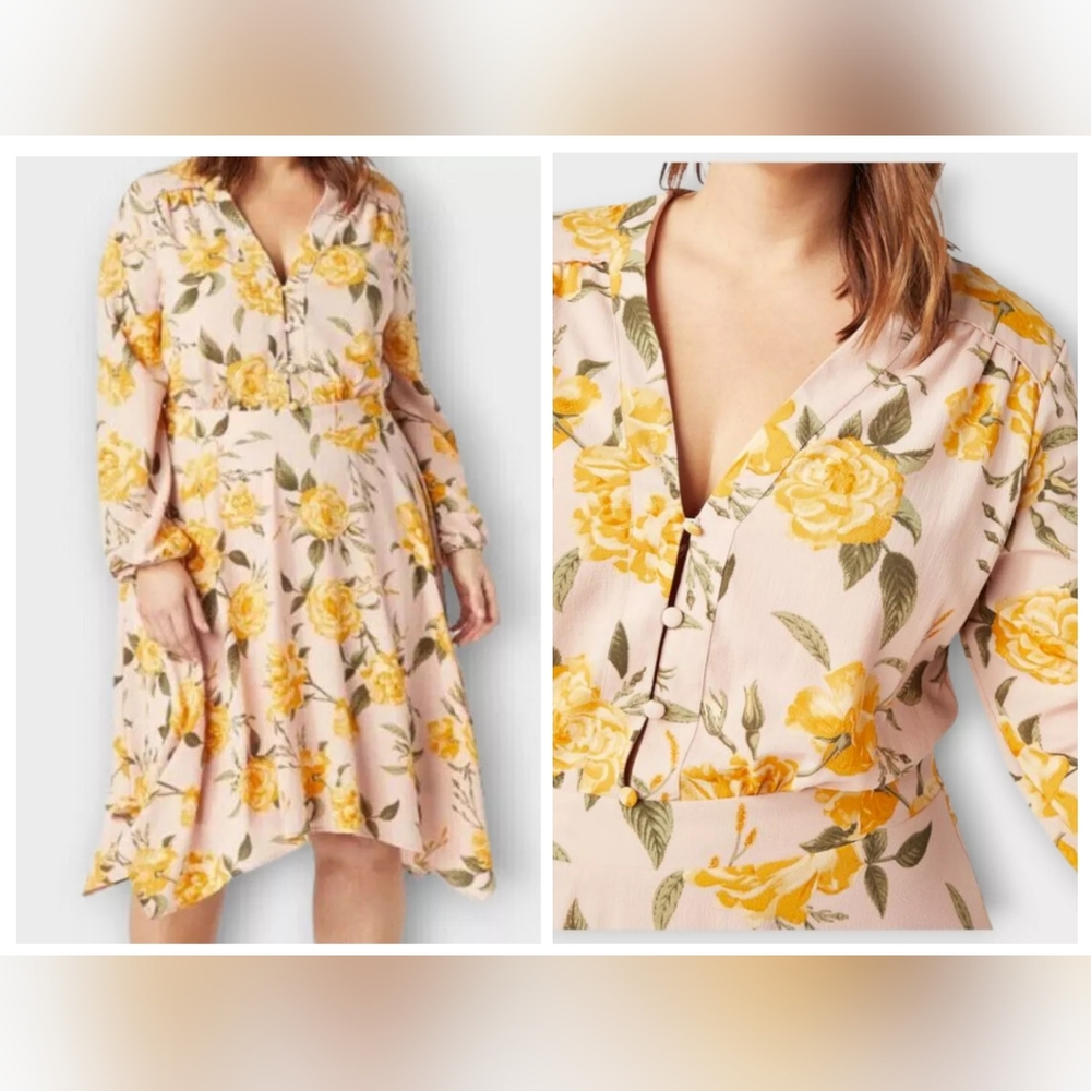 JustFab Pink and Yellow Asymmetrical‎ Handkerchief Hem Long Sleeve Dress Size 3X